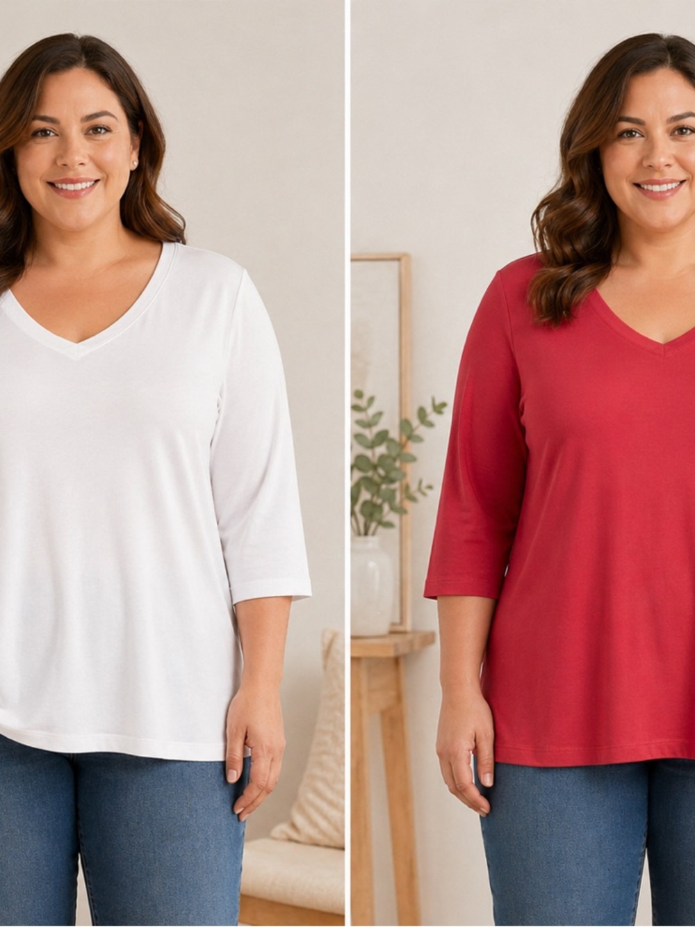 Set of Two - St. John's Bay V-Neck Three Quarter Sleeve Tees in White and Red 1X